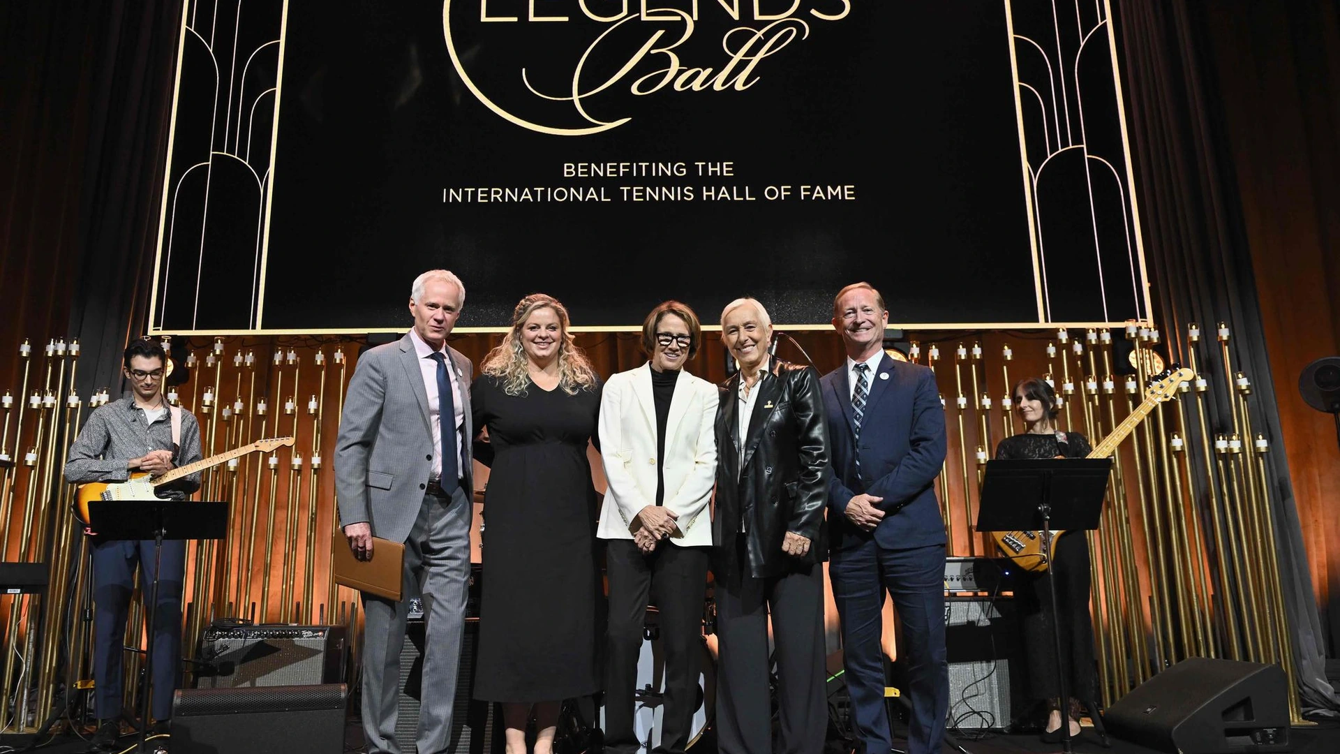 Mary Carillo appears on stage with fellow Hall of Famers at the 2026 Legends Ball