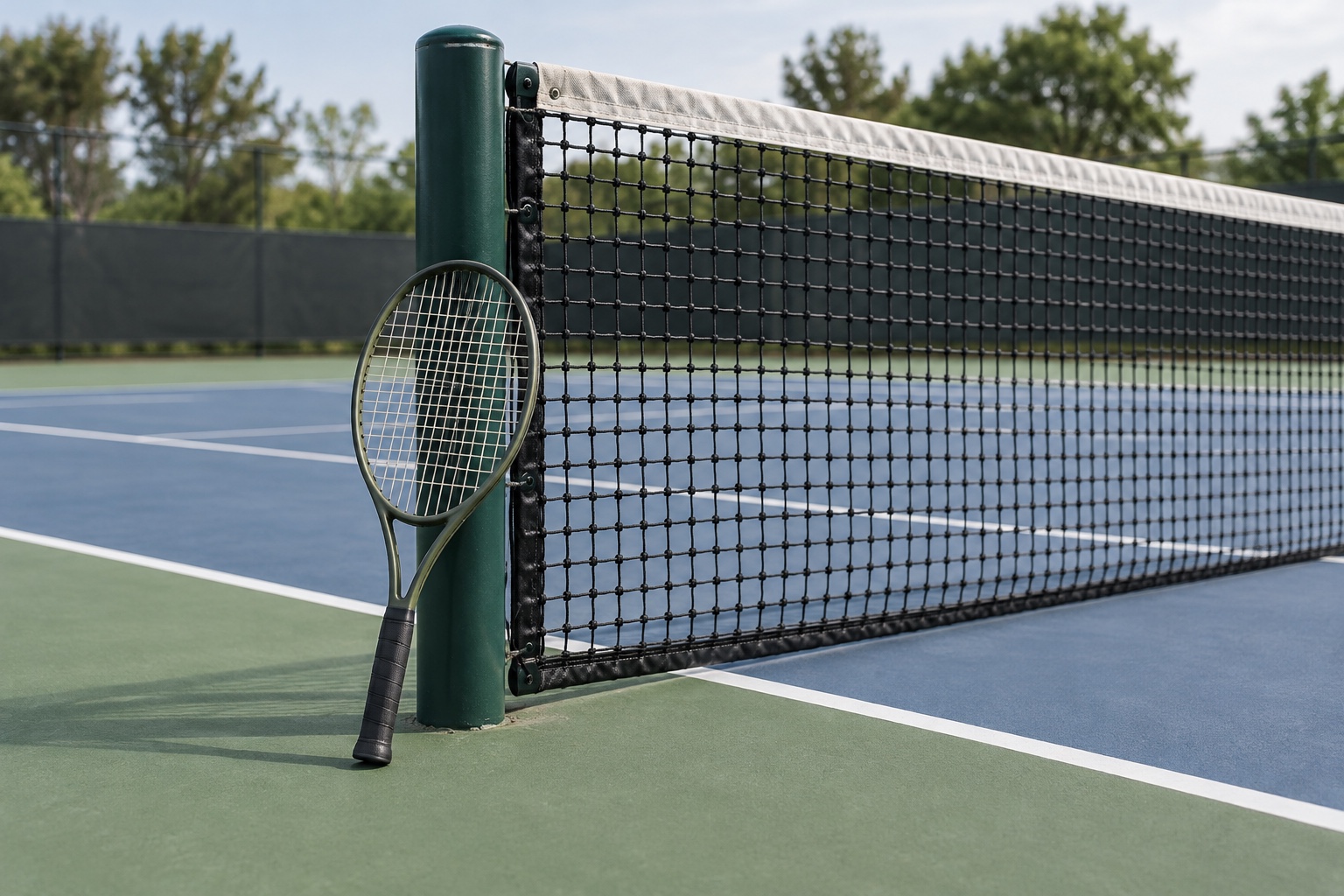Conceptual illustration of a tennis racket beside the mesh of a net.