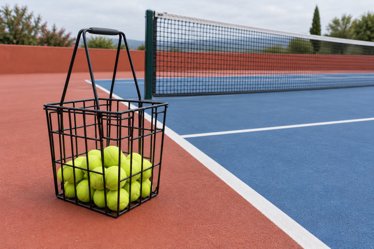Conceptual illustration of a tennis ball basket near an empty practice court.