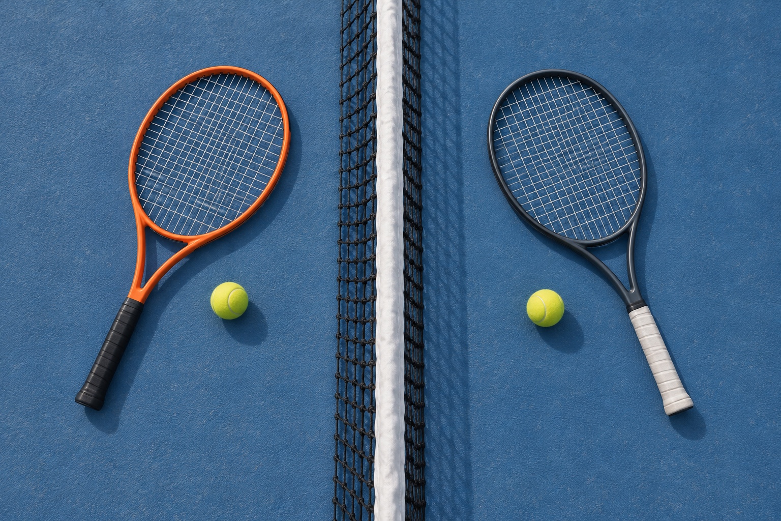 Conceptual illustration of two rackets and balls on opposite sides of a tennis net.