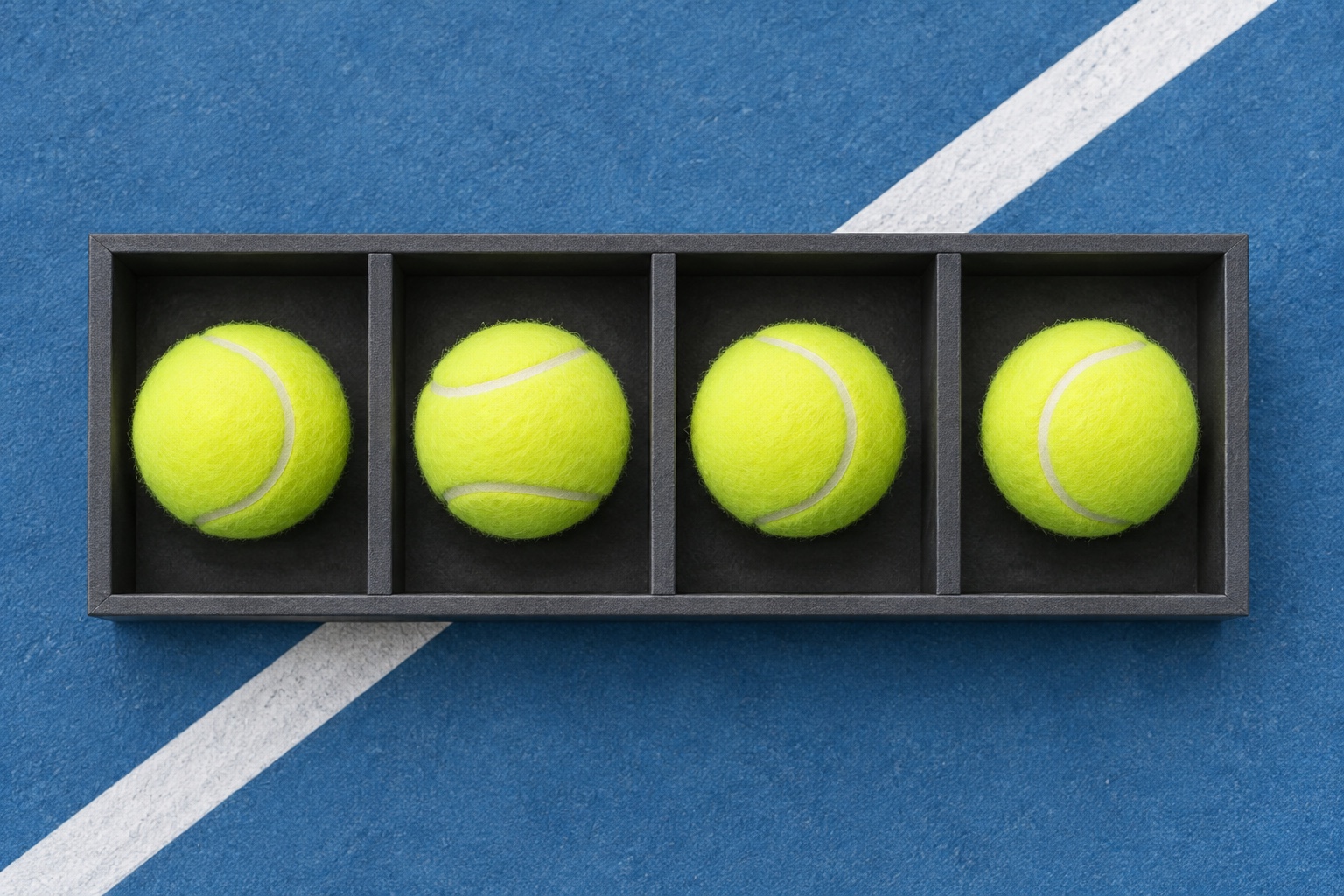 Conceptual illustration of four tennis balls in separate open compartments.