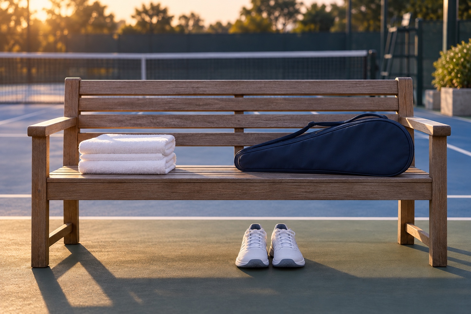 Conceptual illustration of a court bench with folded towels and a racket bag.