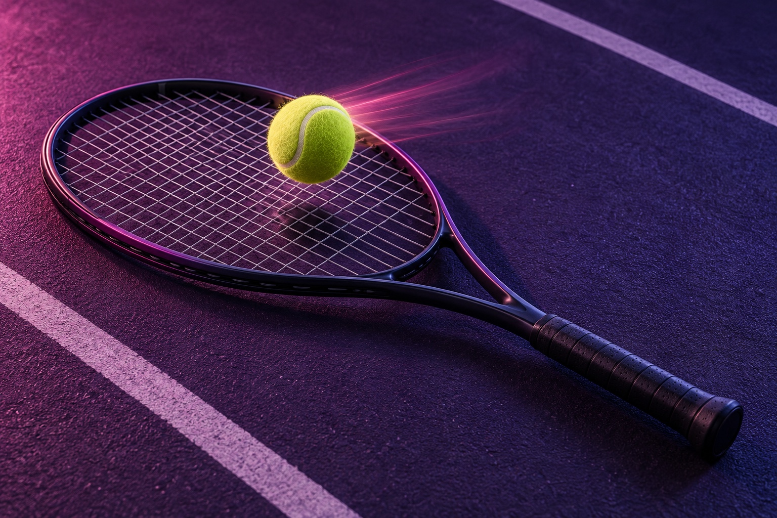 Conceptual illustration of a tennis ball above a racket against a violet background.