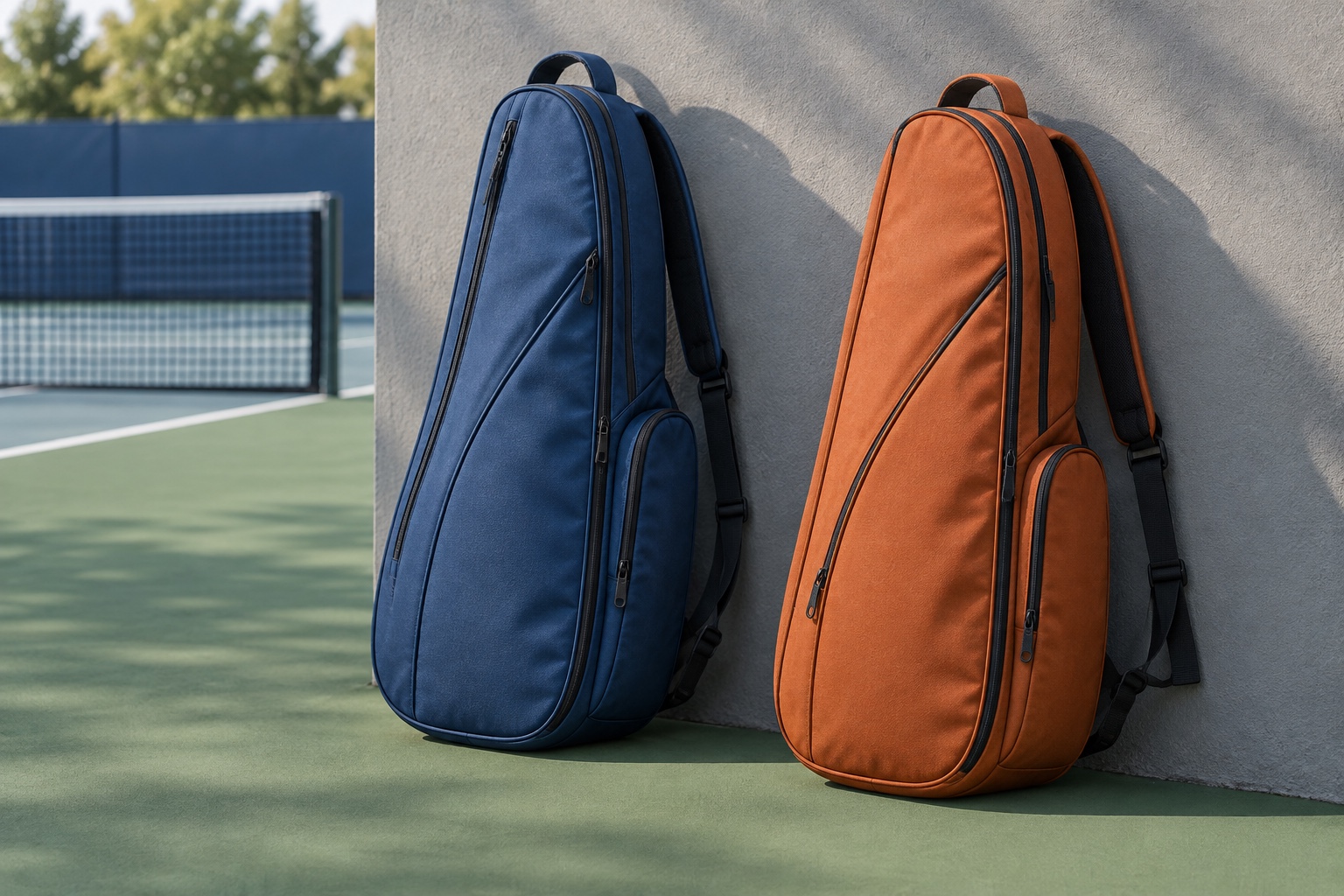 Conceptual illustration of two tennis bags beside an empty court.