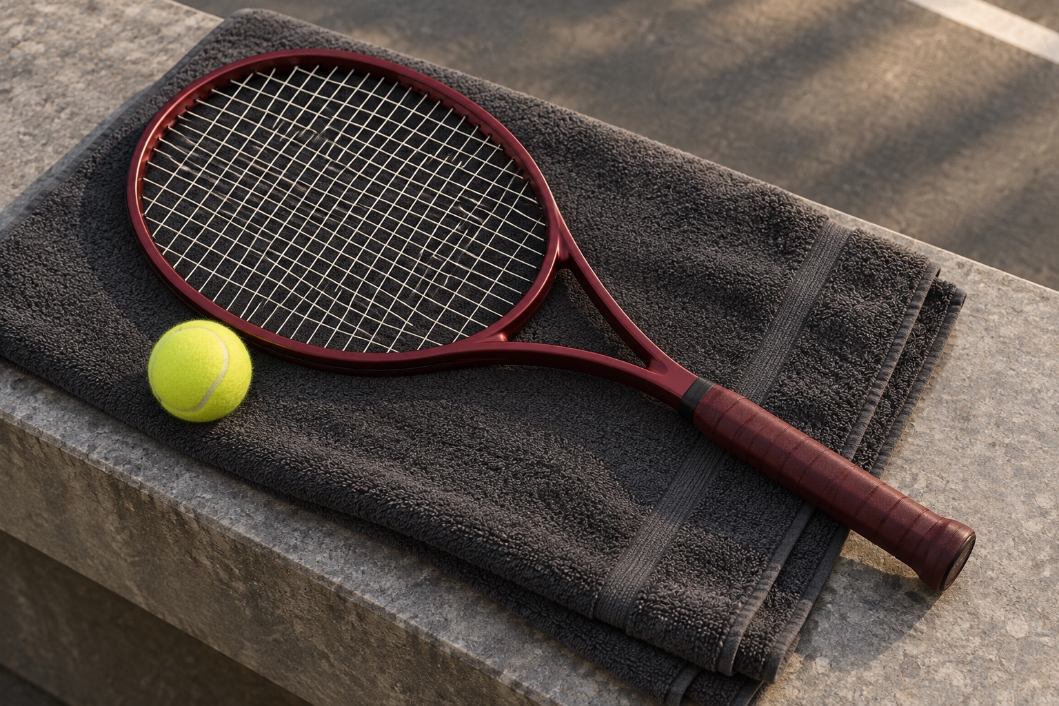 Conceptual illustration of a racket and ball on a folded dark towel.
