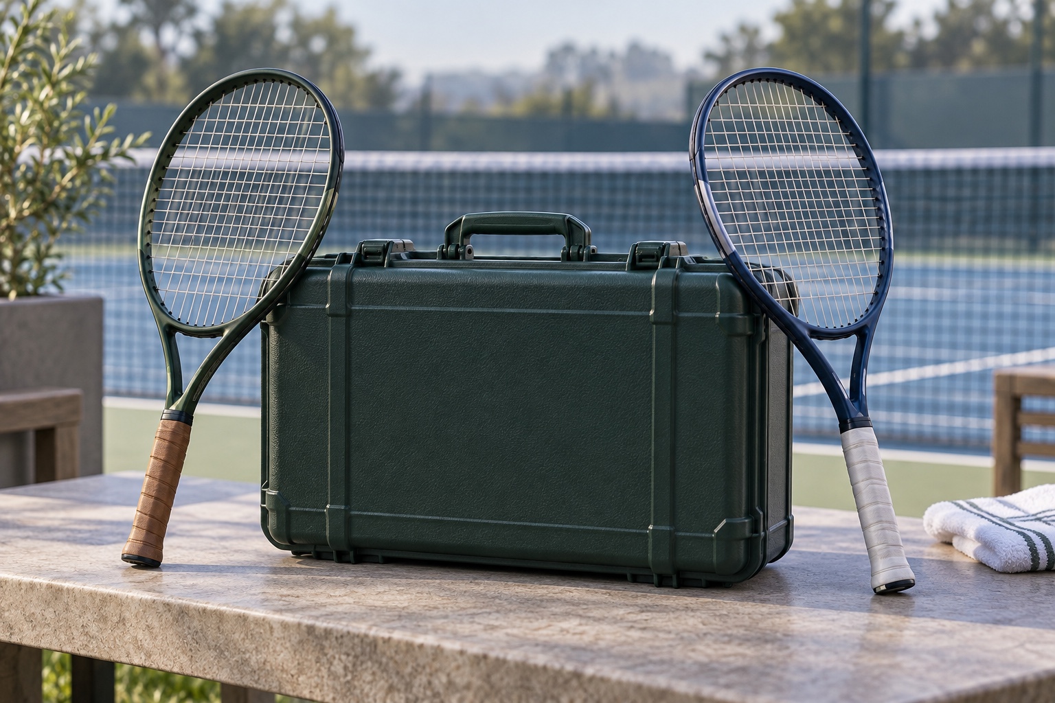 Conceptual illustration of two rackets beside an unmarked tennis equipment case.