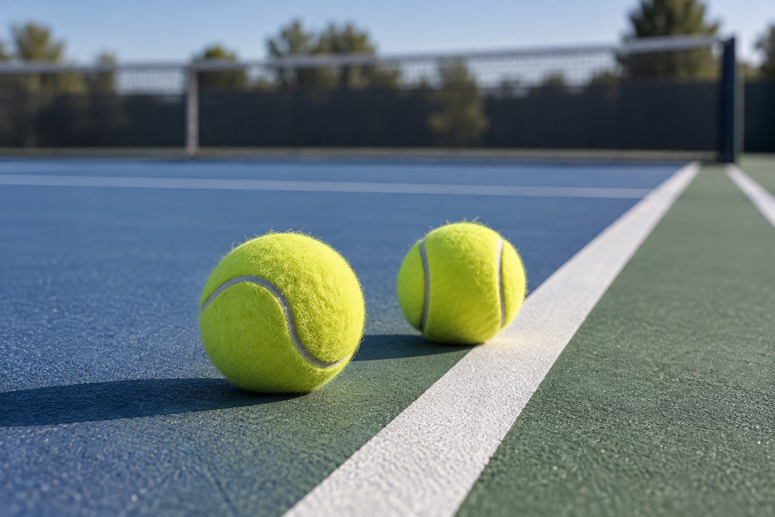 Conceptual illustration of two tennis balls beside a hard-court sideline.