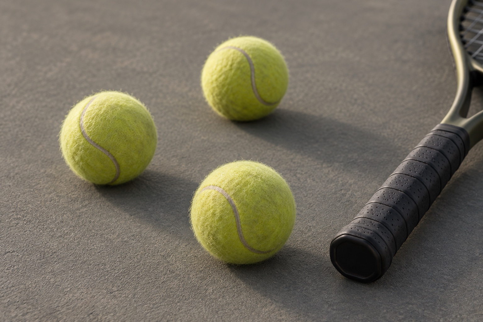 Conceptual illustration of tennis balls arranged beside a racket grip.