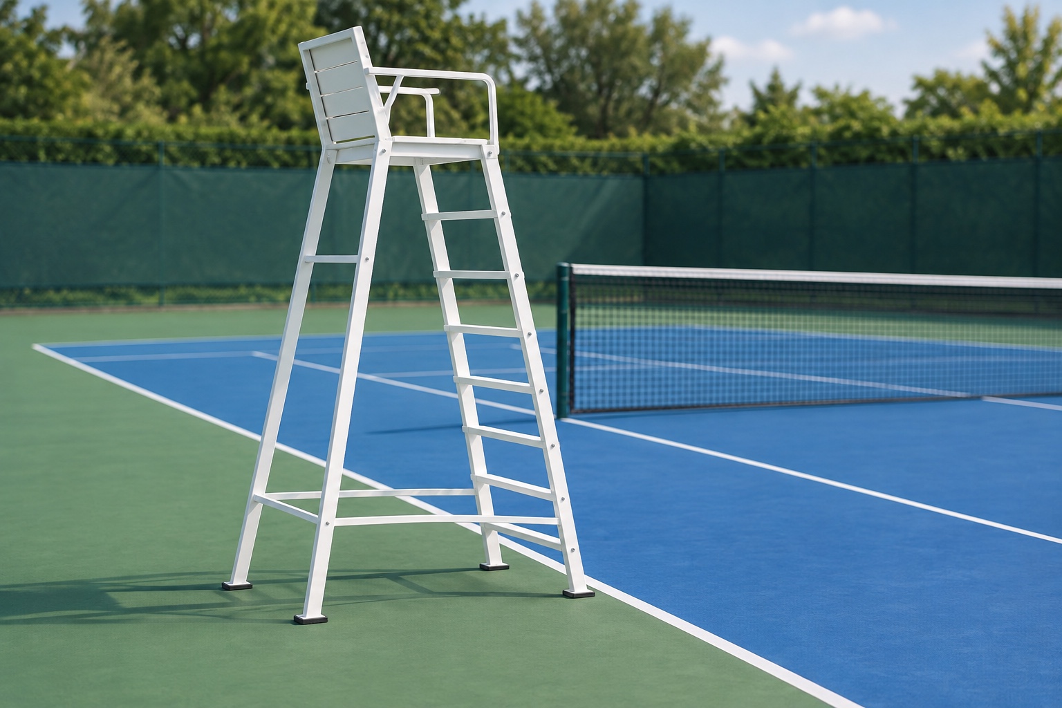 Conceptual illustration of an empty umpire chair beside a hard tennis court.