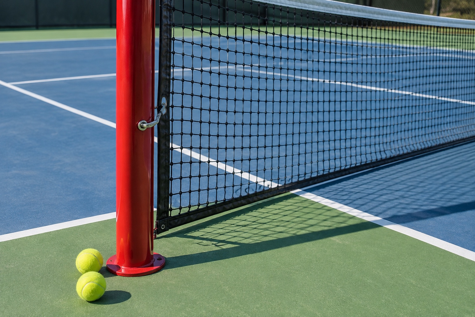 A conceptual tennis illustration of two balls beside a red net post.