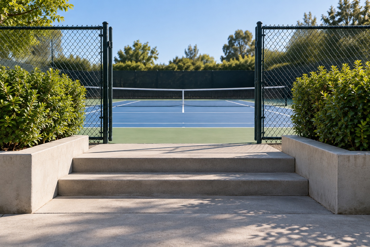 A conceptual tennis illustration of an empty walkway leading to a hard court.