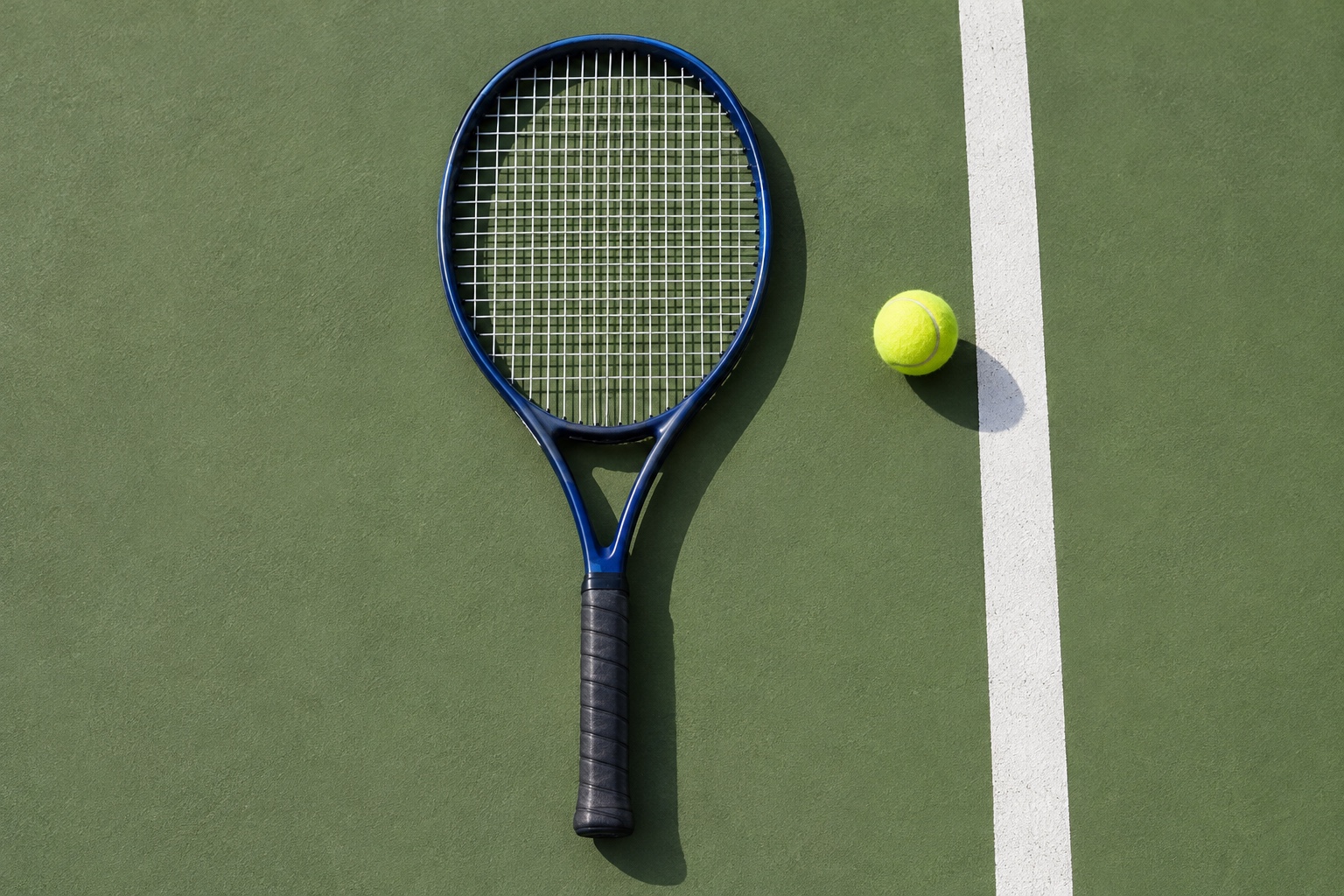 A conceptual tennis illustration of a navy racket and ball beside a court boundary.