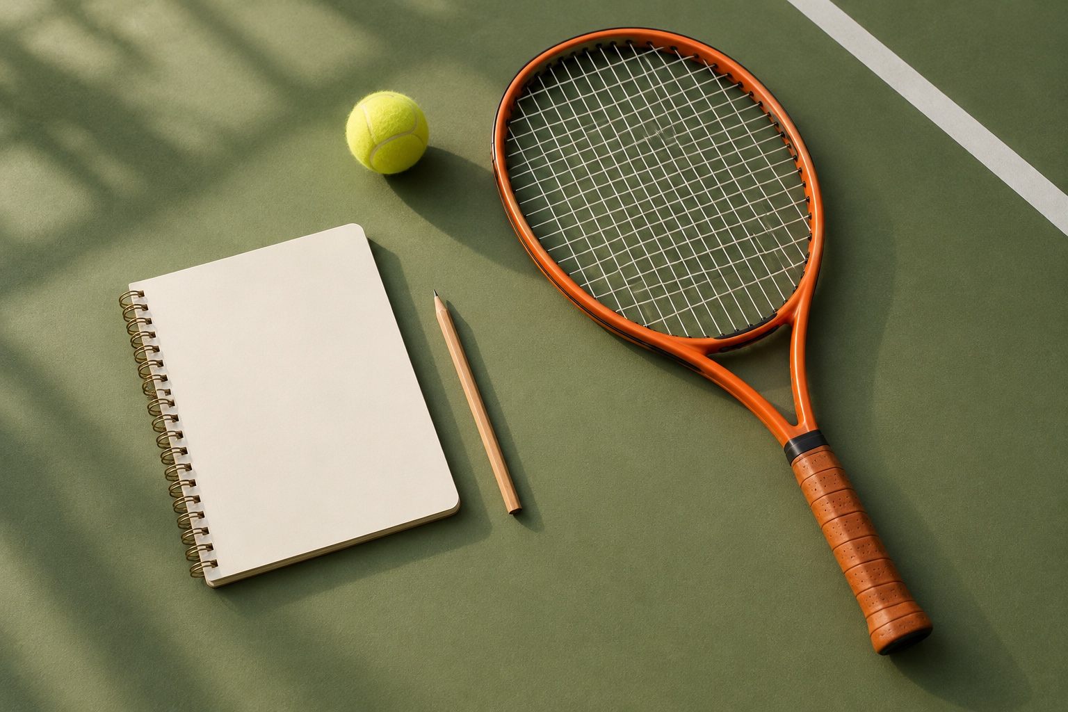 A conceptual tennis illustration of a blank notebook beside a racket and ball.