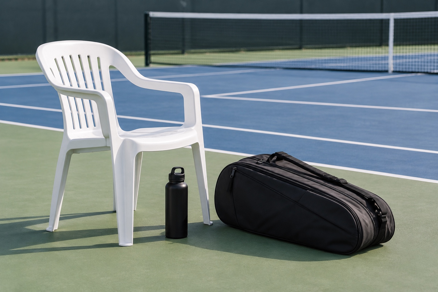 A conceptual tennis illustration of an empty courtside chair and equipment.