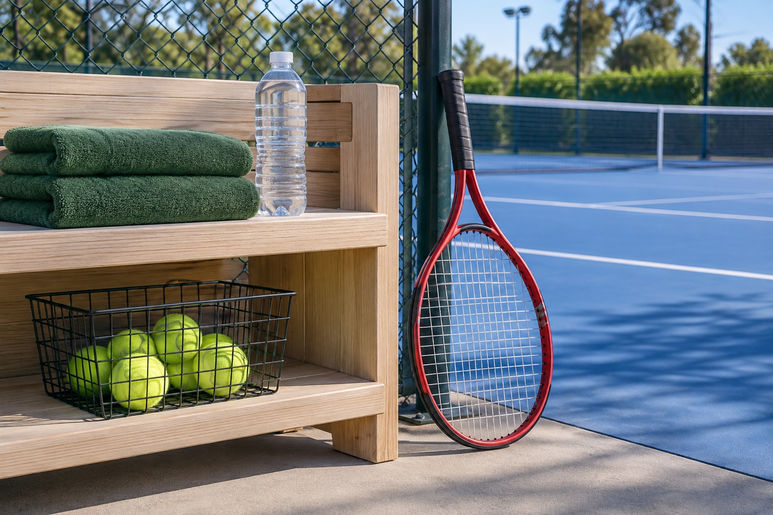 Conceptual illustration of a red racket, tennis ball basket, towels and water bottle beside a courtside shelf.