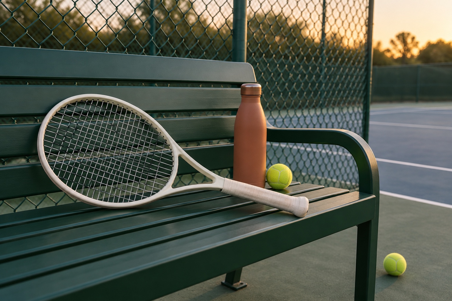 Conceptual illustration of a tennis racket, bottle and balls beside an empty courtside bench.