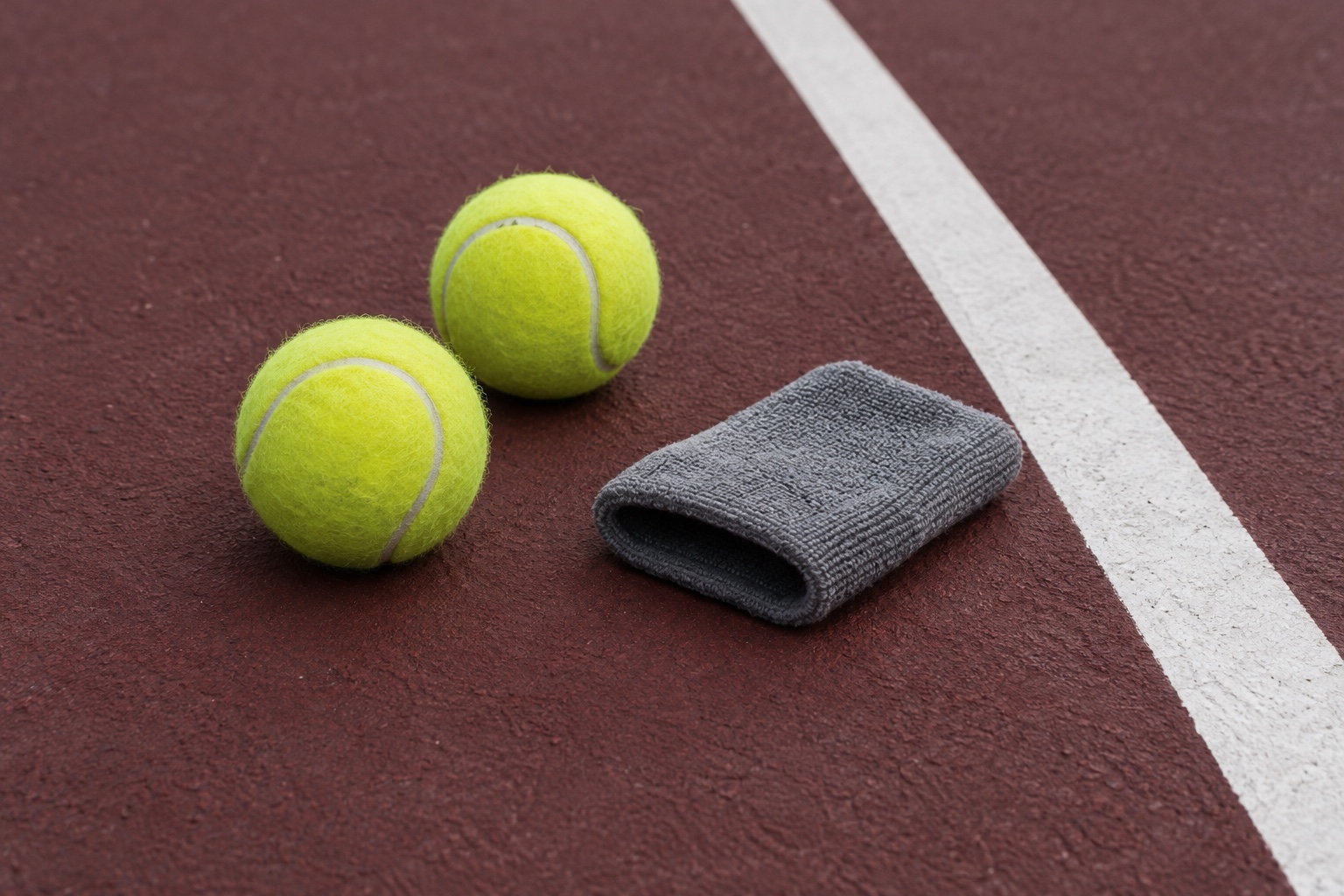 Conceptual illustration of two tennis balls and a gray wristband beside a court sideline.