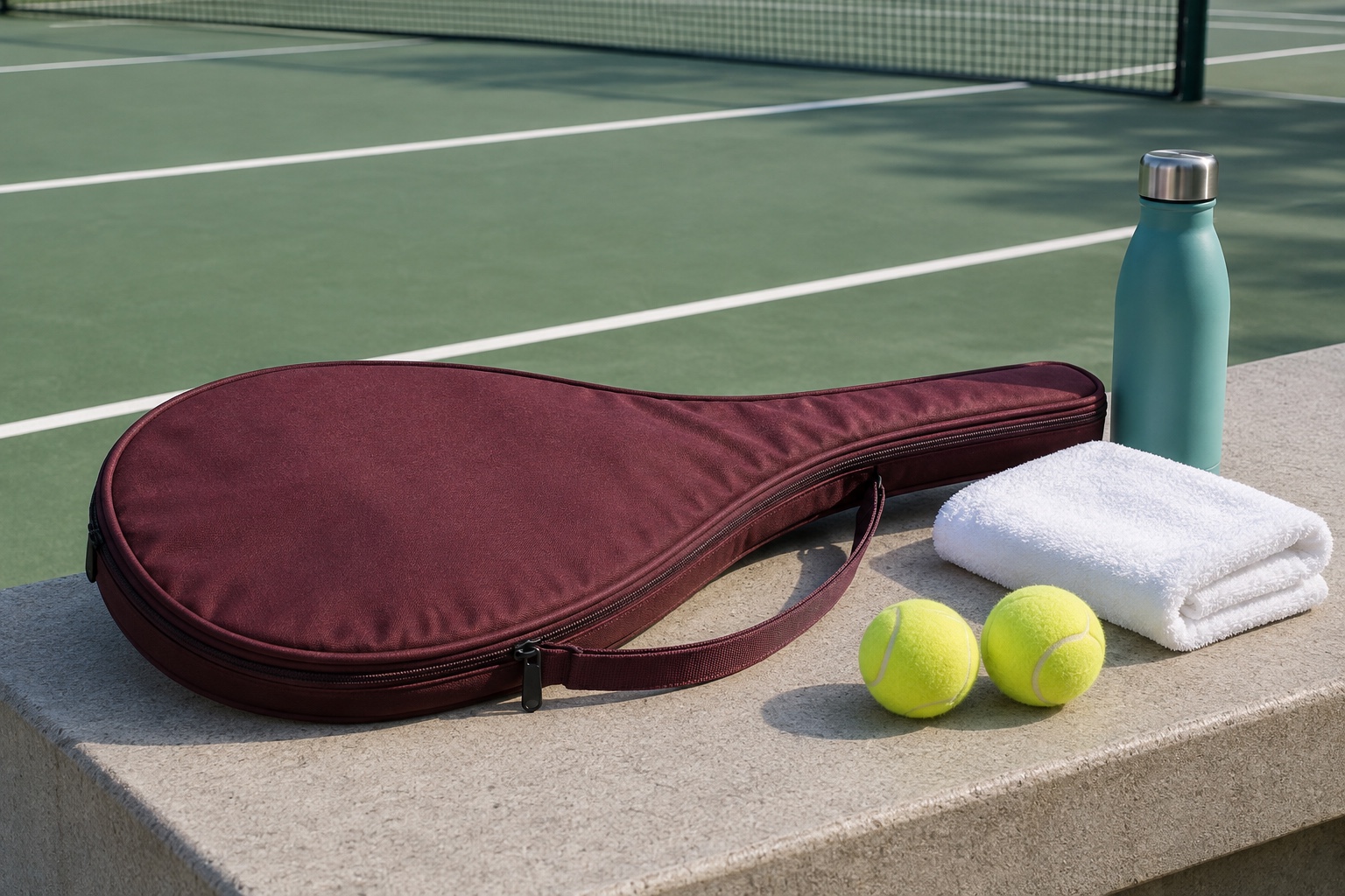 Conceptual illustration of a closed tennis racket case, balls, towel and reusable bottle on a ledge.