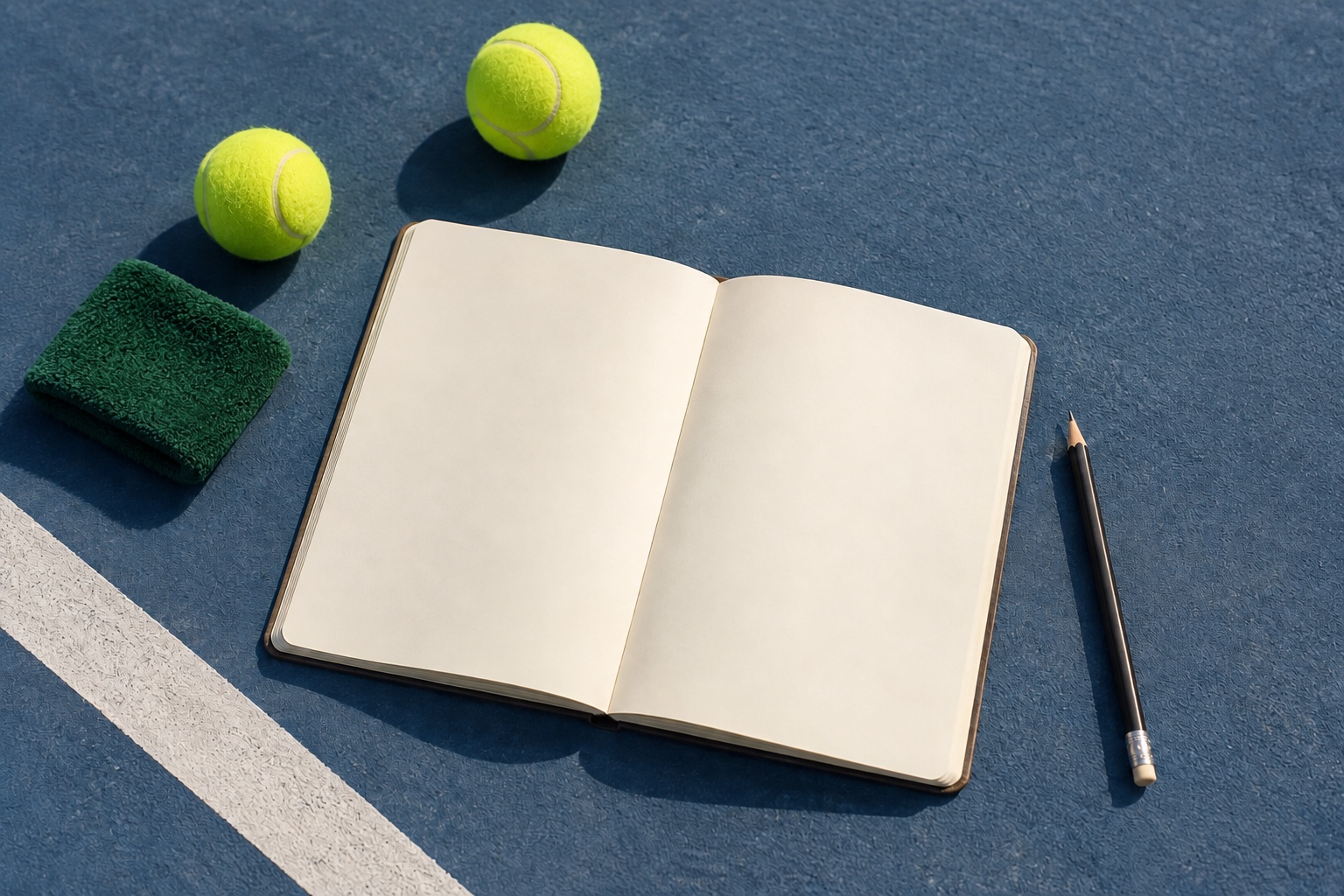 Conceptual illustration of a blank notebook, pencil, tennis balls and sweatband.