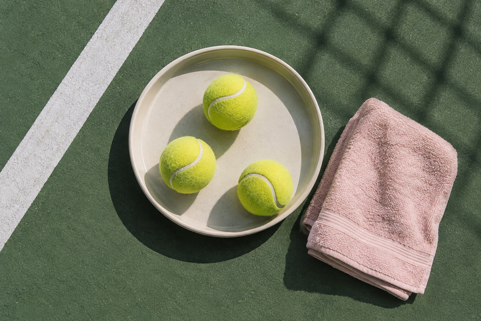 Conceptual illustration of three tennis balls in a ceramic tray beside a folded pink towel.