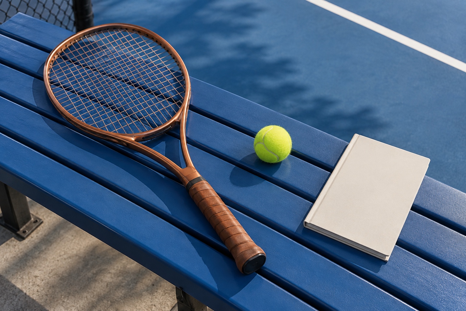 Conceptual illustration of a copper tennis racket, blank notebook and ball on a courtside bench.