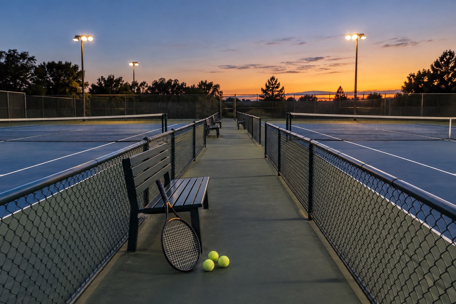 Conceptual illustration of a racket and tennis balls beside a walkway between floodlit courts.