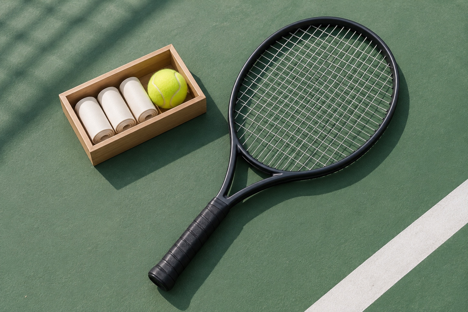 Conceptual illustration of tennis overgrips, a ball and a racket beside an open wooden box.
