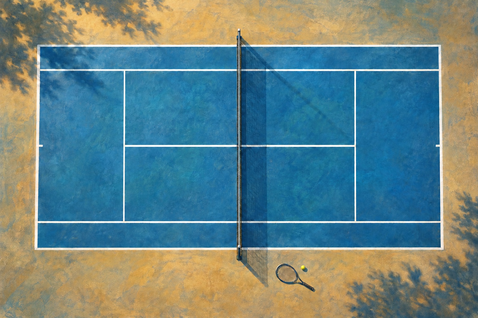 Ilustración editorial en plano cenital de una pista de tenis azul con una raqueta y una pelota.