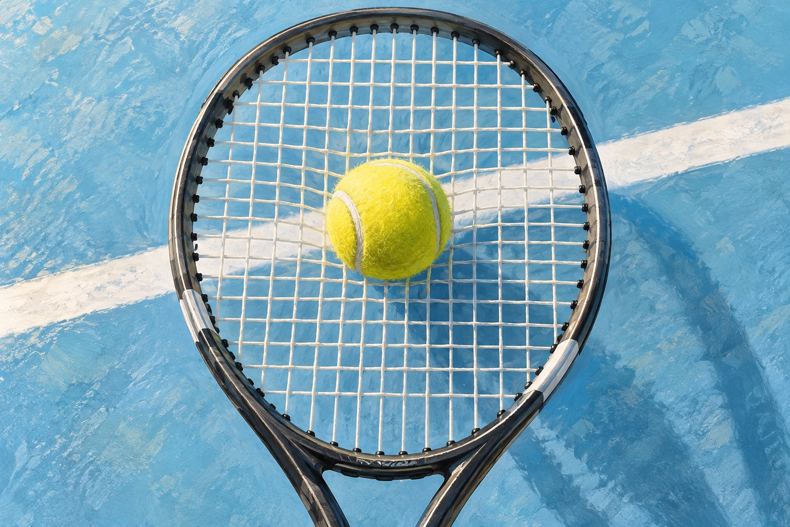 Ilustración editorial de una pelota de tenis amarilla sobre el cordaje de una raqueta.